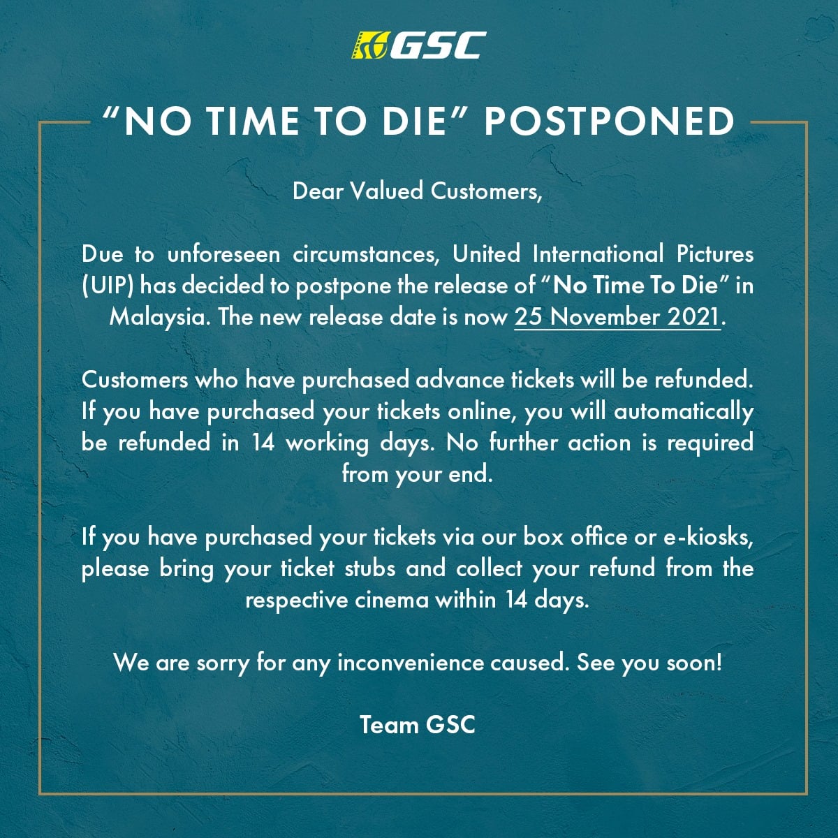 《No Time to Die》延档1125上映‧GSC紧急办退款	