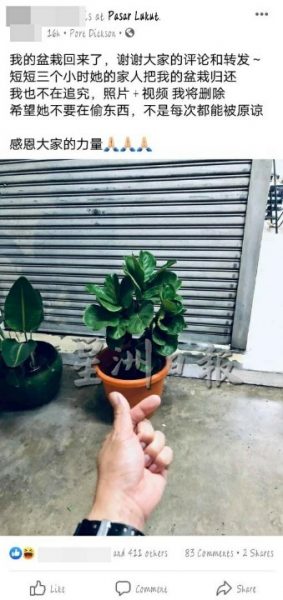 供fb:经济不景气,盆栽也要偷?业者公布cctv,家属火速物归原主