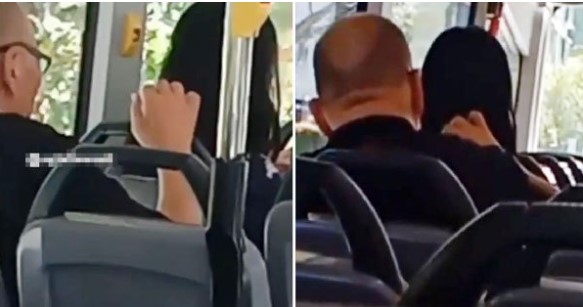 光头大叔变态行径 舔巴士女乘客长发