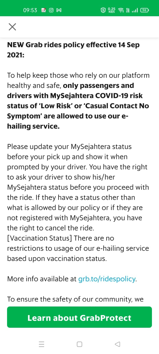 即日起 仅低风险及非密切接触者 可用GrabCar服务
