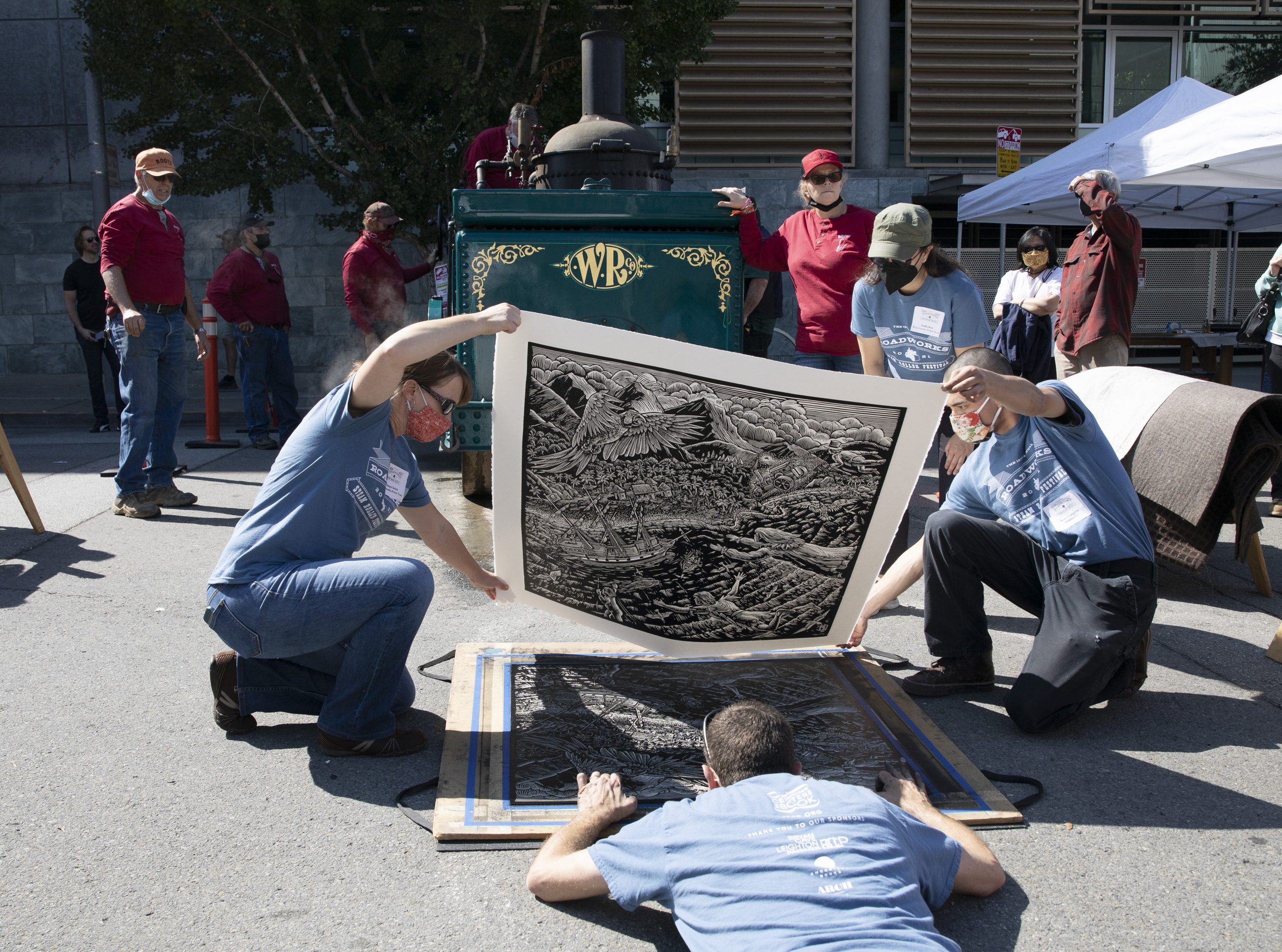 拼盘/古董蒸汽压路机美国旧金山街头压制版画