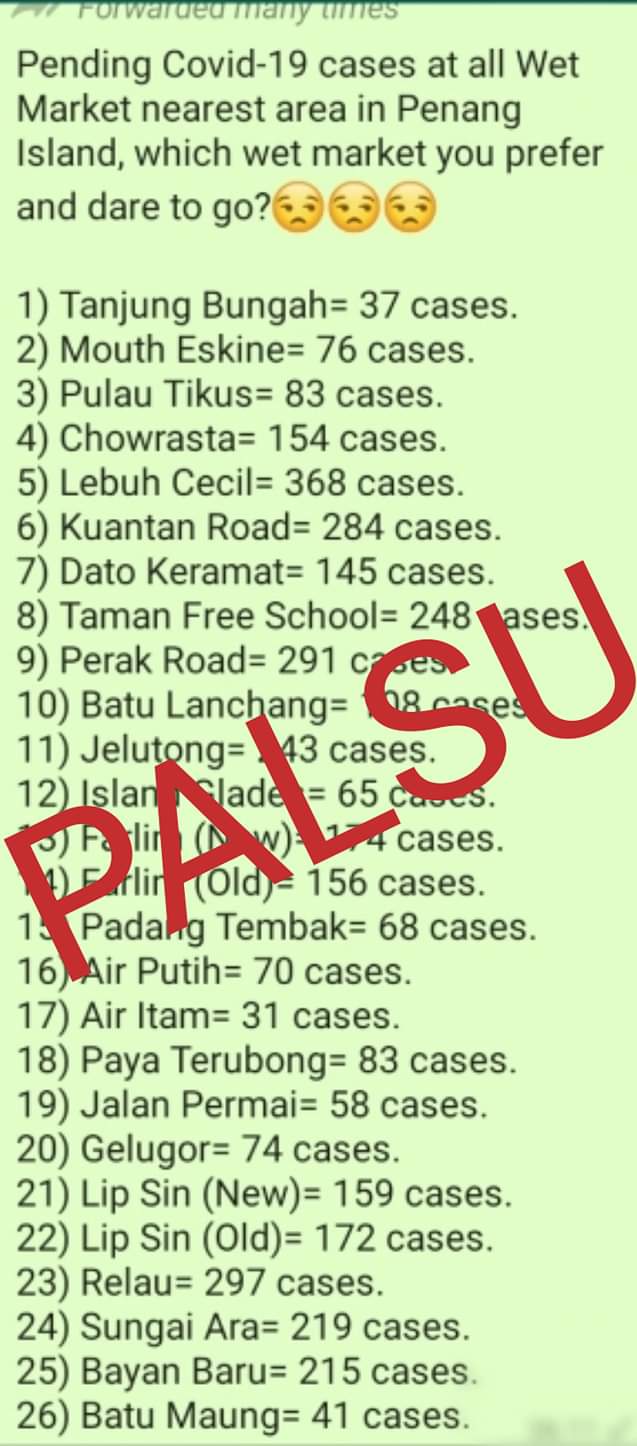 求真（全国版）槟岛湿巴刹活跃确诊病例名单，槟卫生局驳斥称假消息