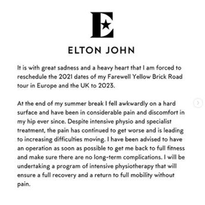 艾顿庄跌伤臀部.告别演唱会延至后年