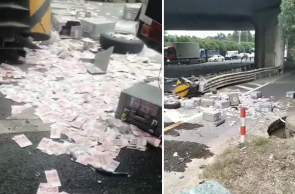 运钞车意外致2死4伤 钞票洒满地没人抢