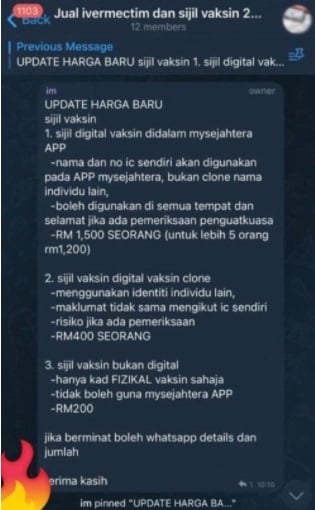 Telegram群组兜售三款假接种证书，其中一款售价达1500令吉