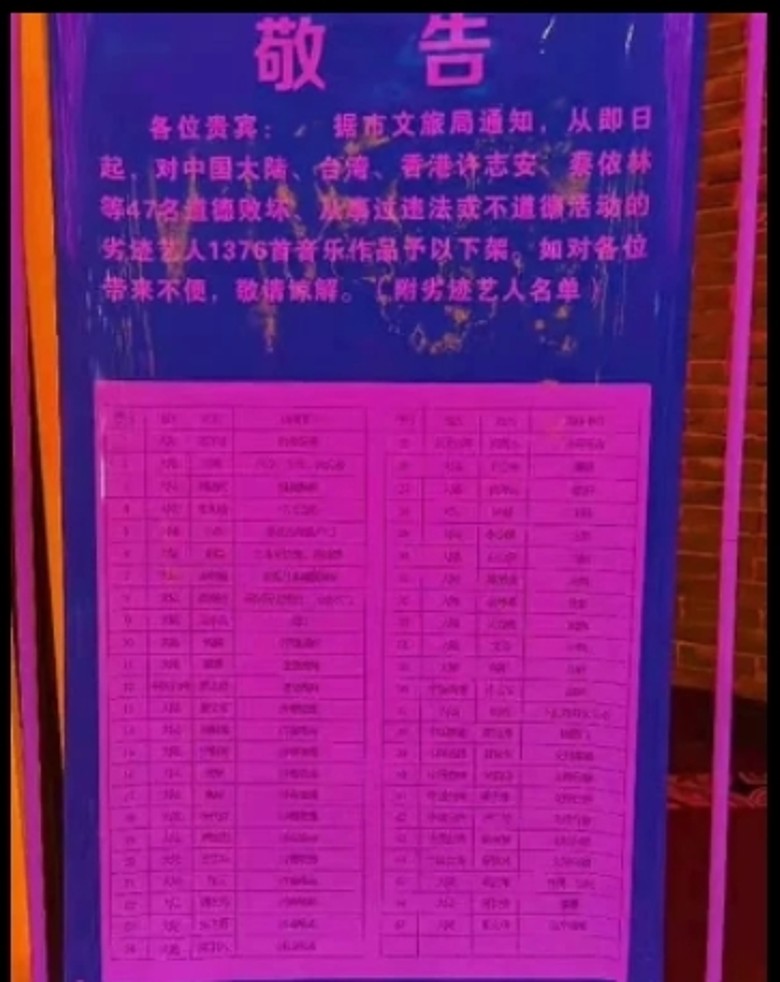 ​中国疯传47歌手KTV封杀名单　蔡依林许志安入榜