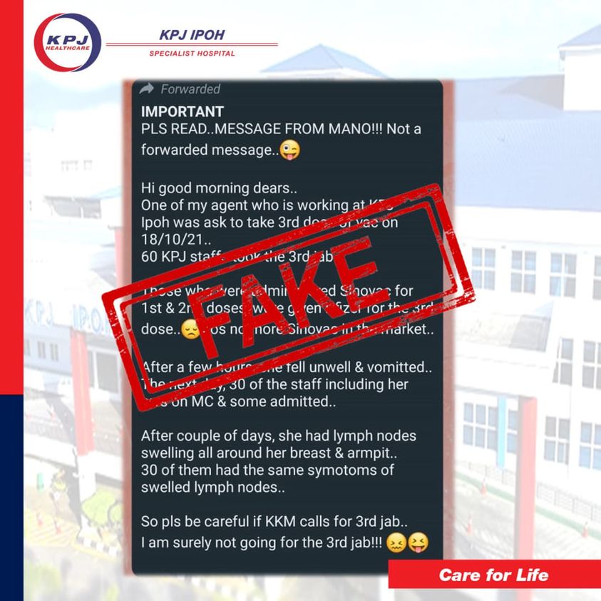 【求真】／怡保KPJ医院：完成加强针697员工 无人出现严重副作用