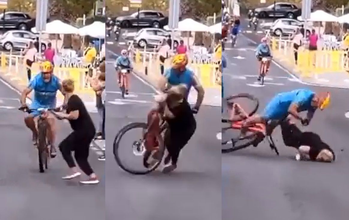 女子闯入赛道终点线 脚车选手撞飞倒地失忆