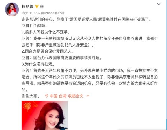 杨丽菁揭被殴真相 顾忌明星身分才不还手