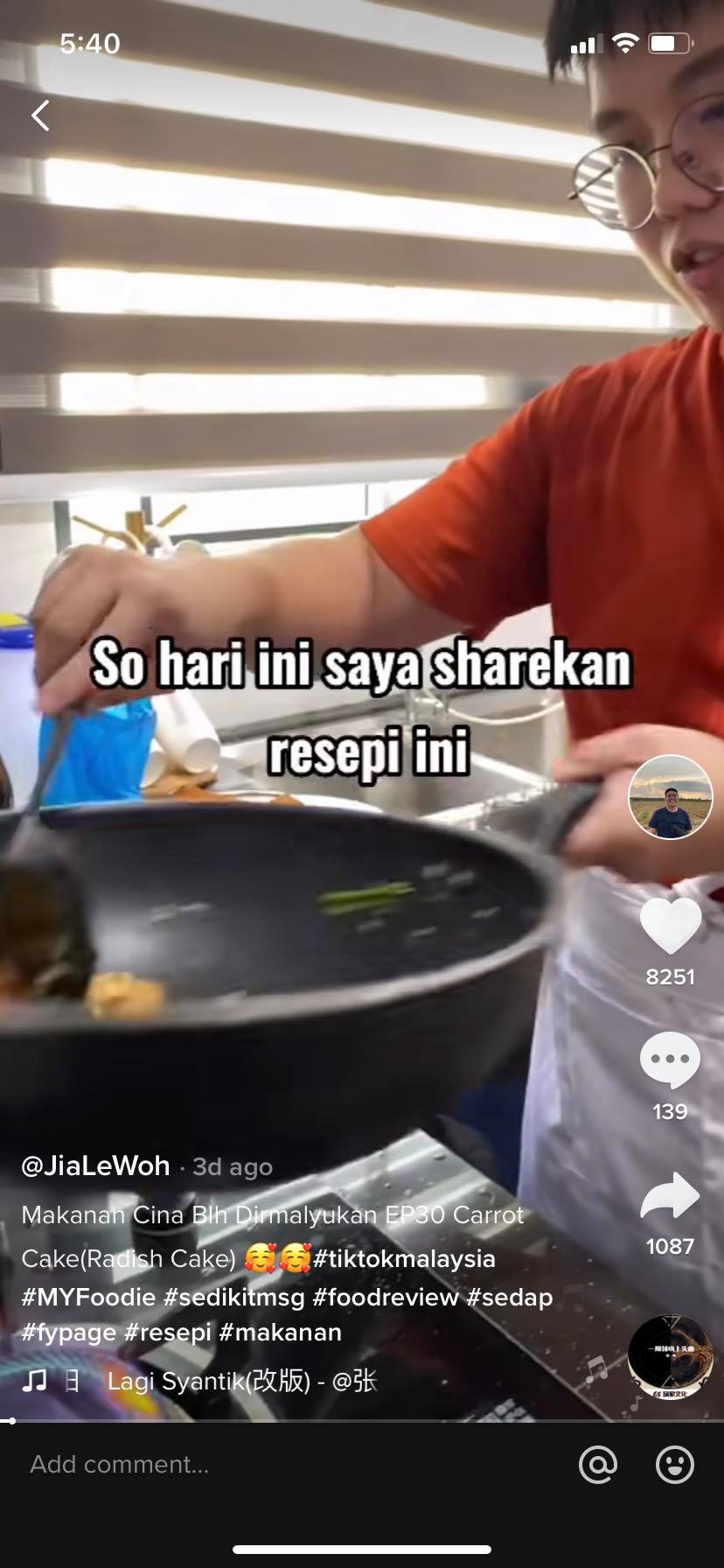 柔:【今日面谱】(10月14日刊):马来语示范烹煮各族可吃的华人美食,胡嘉乐在TikTok走红