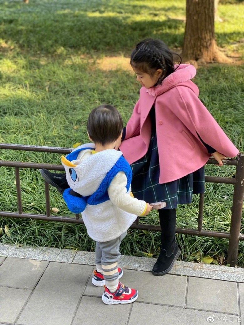章子怡公园享天伦　5岁醒醒背妈妈