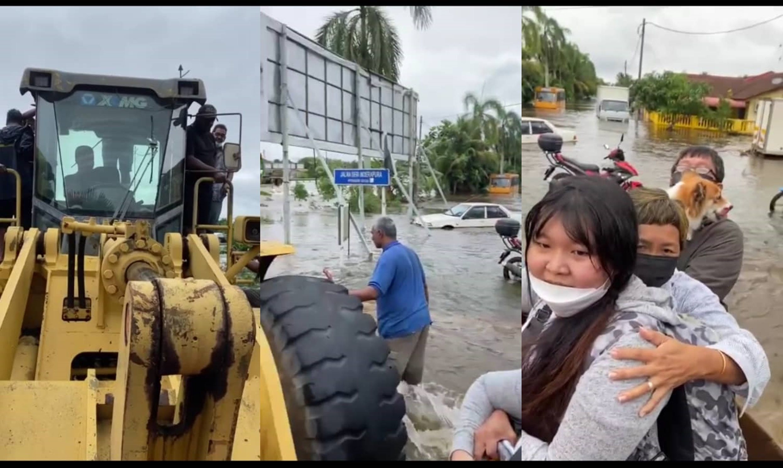 全国/暖势力/水灾告急,工厂老板出动铲车助居民疏散。