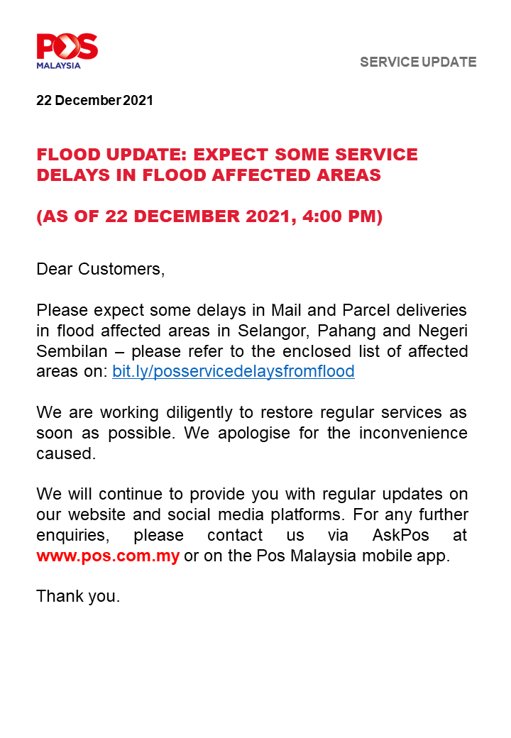 大水灾|大马邮政:雪彭森灾区包裹邮件延误