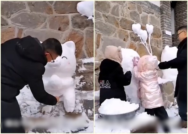 拼盘 2图/慈父为女儿准备圣诞礼物 用雪堆出玩具熊