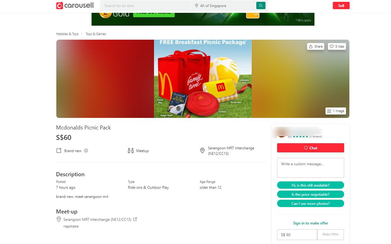 狮城麦当劳限量野餐套组 民众转身网上卖185元