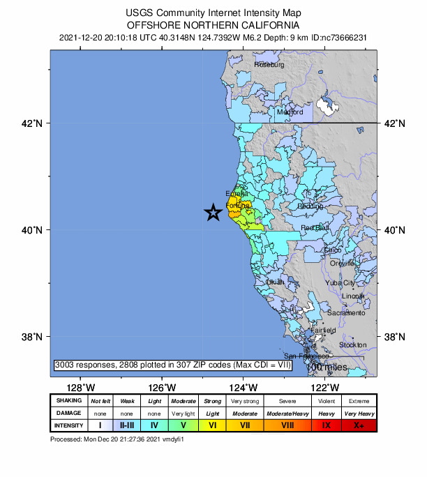 美国加州北部近海6.2级地震 暂未有伤亡报告