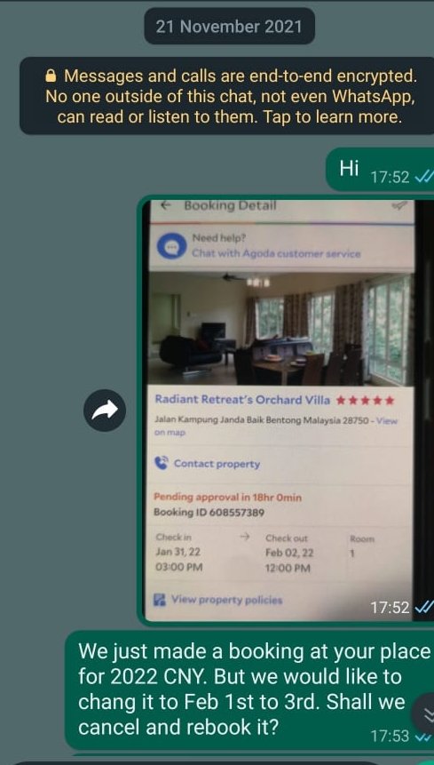 农历新年计划出游在著名网站订别墅·联系房主反被骗1200令吉