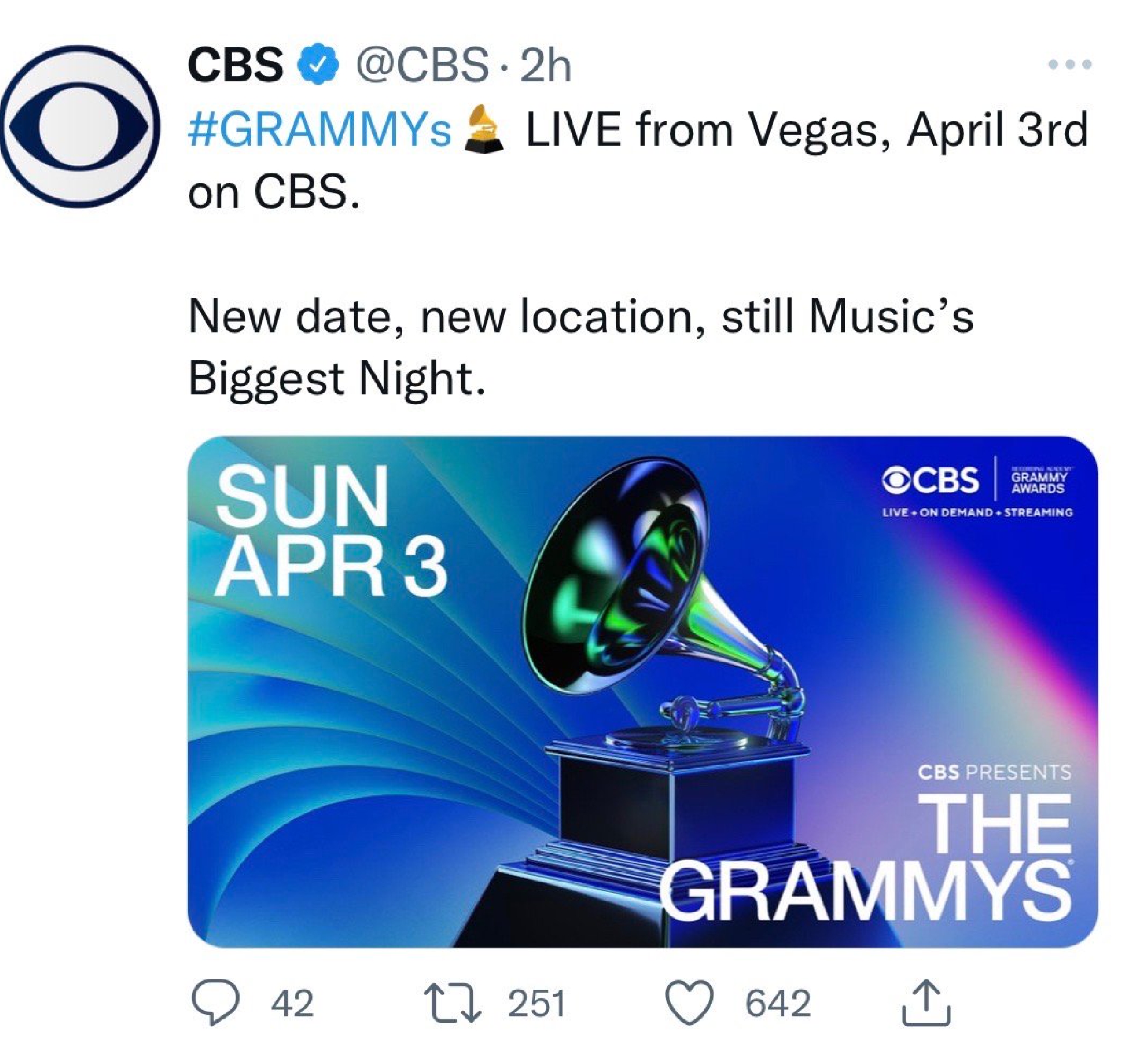 格莱美颁奖礼敲定4.3 移师拉斯维加斯