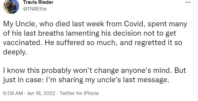 男子未接种染疫 临终前声声“很后悔”