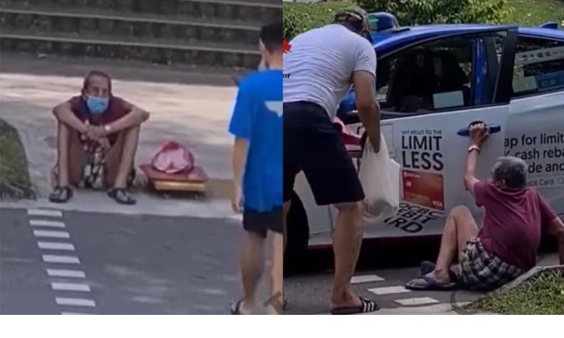 视频|老翁双脚无力靠双手爬行 3好心人联手合力扶他上德士