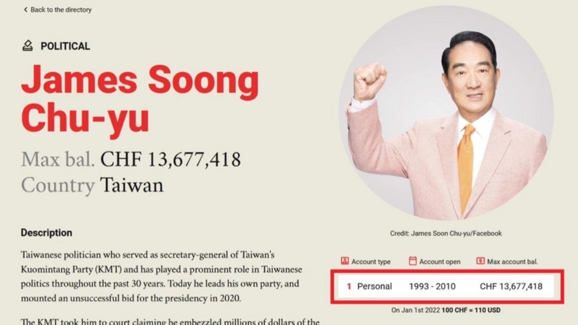 国际反贪组织公开密件　惊见台湾宋楚瑜瑞士银行存款曾6234万令吉