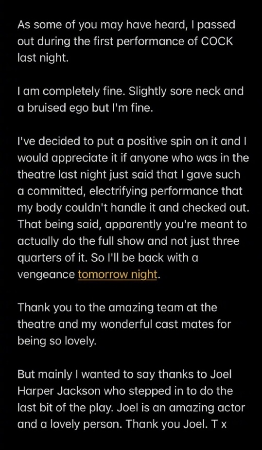 泰隆艾格顿演舞台剧突晕倒 医生观众即场抢救