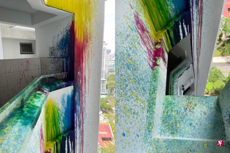 疑打印机高楼抛下 大巴窑组屋现七彩墙