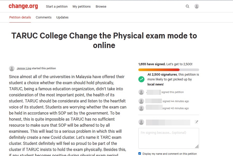 全国/拉曼大学学院生联署抵制实体考试