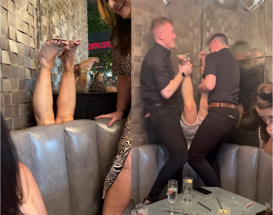 英女捡外套倒插沙发缝 2男“拔萝卜”把她拉出