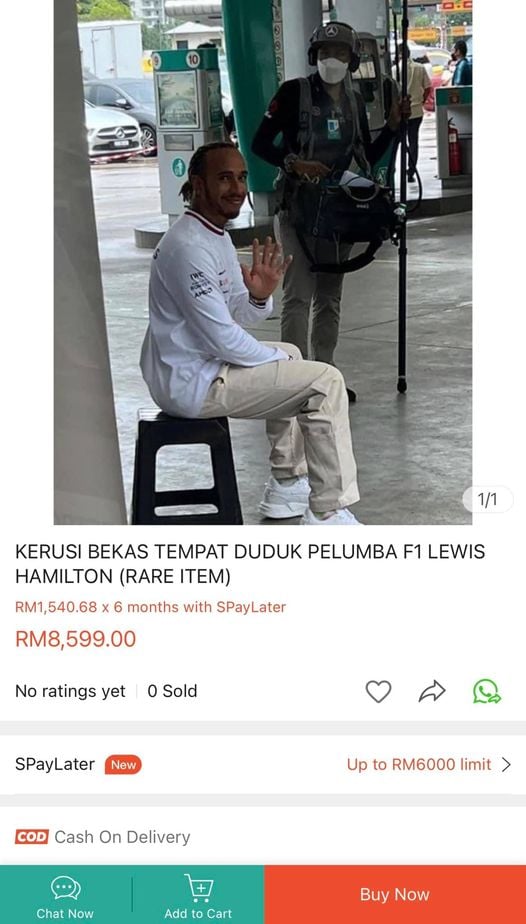 RM3000塑胶椅有人买!F1巨星“小汉”坐过的椅子被炒价