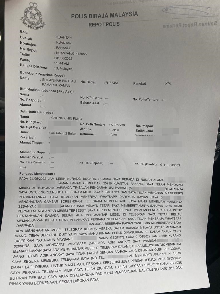 东：Telegram两度被骇冒名借钱，张赈琮警惕友人及民众勿上当。