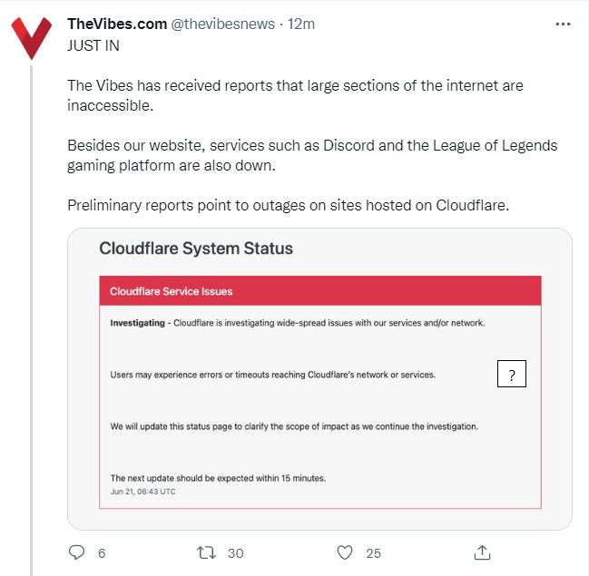 全球网络Cloudflare中断 多个网站一度受影响  