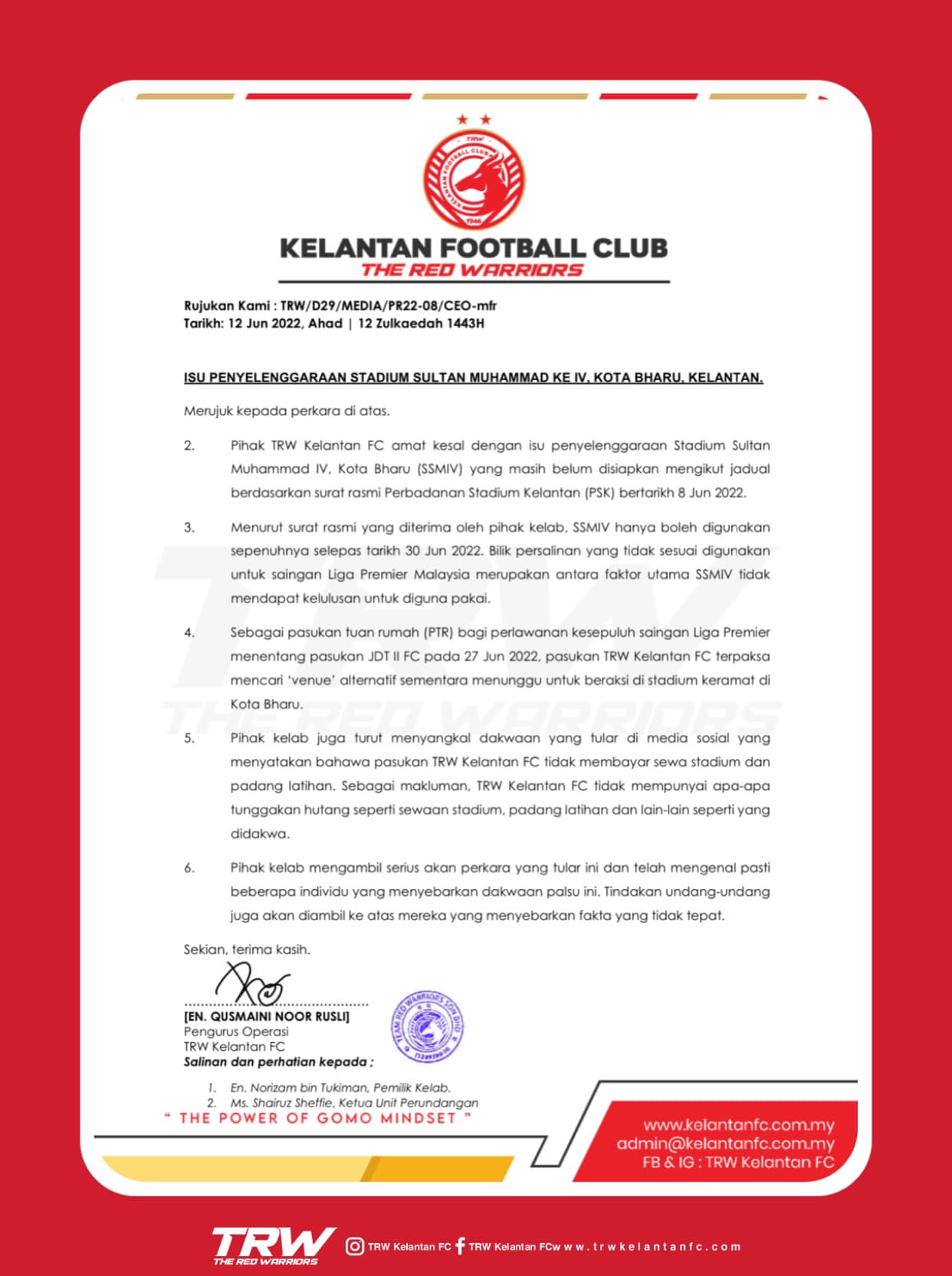 求真/吉兰丹足球俱乐部否认没有给租金