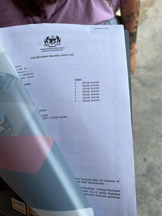 SPM 获7科“T” 男子:“拿了不敢回家”