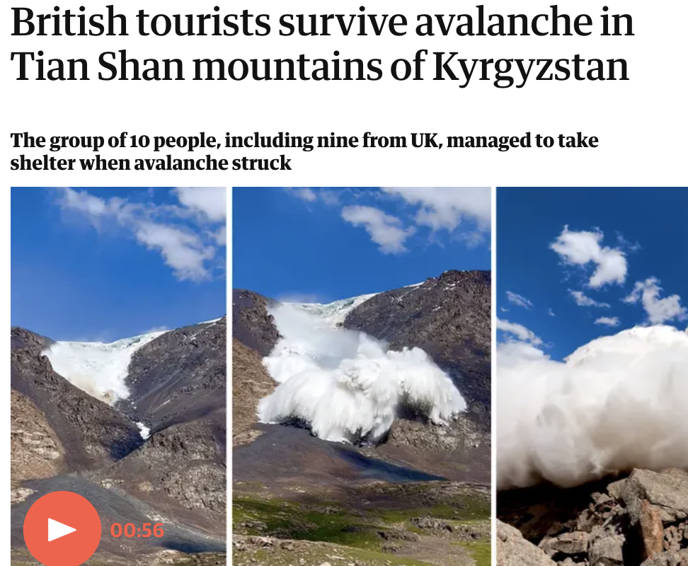 吉尔吉斯巨大雪崩!10名徒步者幸存