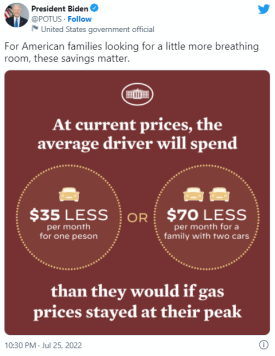 拜登发推“吹嘘”油价下跌被讽,推文配图竟还有错字
