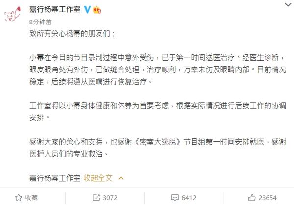 杨幂惊爆捂脸上救护车 证实眼角缝针暂停工作