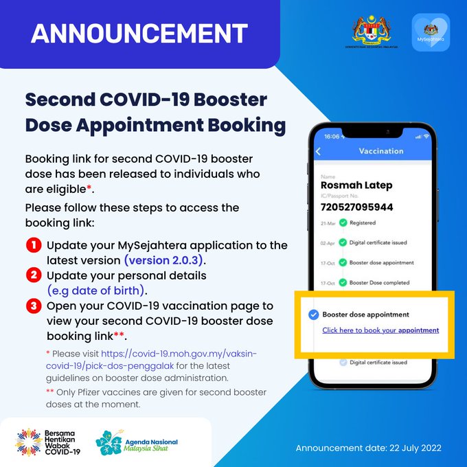 符合第二剂加强针资格者获MySejahtera预约链接