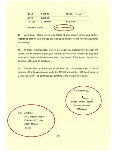 纳吉上传由汤米汤姆斯署名、共四页信函到脸书专页。(第4页)(纳吉脸书图)