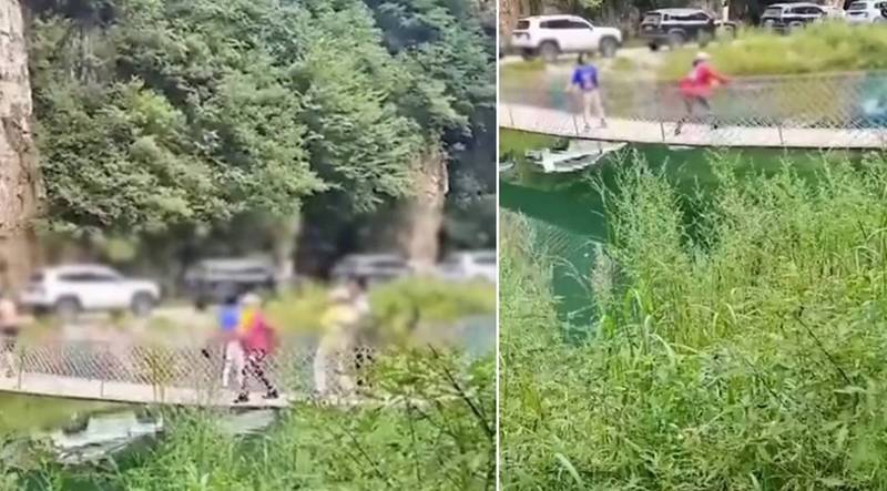 中国大妈失控狂摇吊桥半小时 网民讽：灵长类返祖现象    