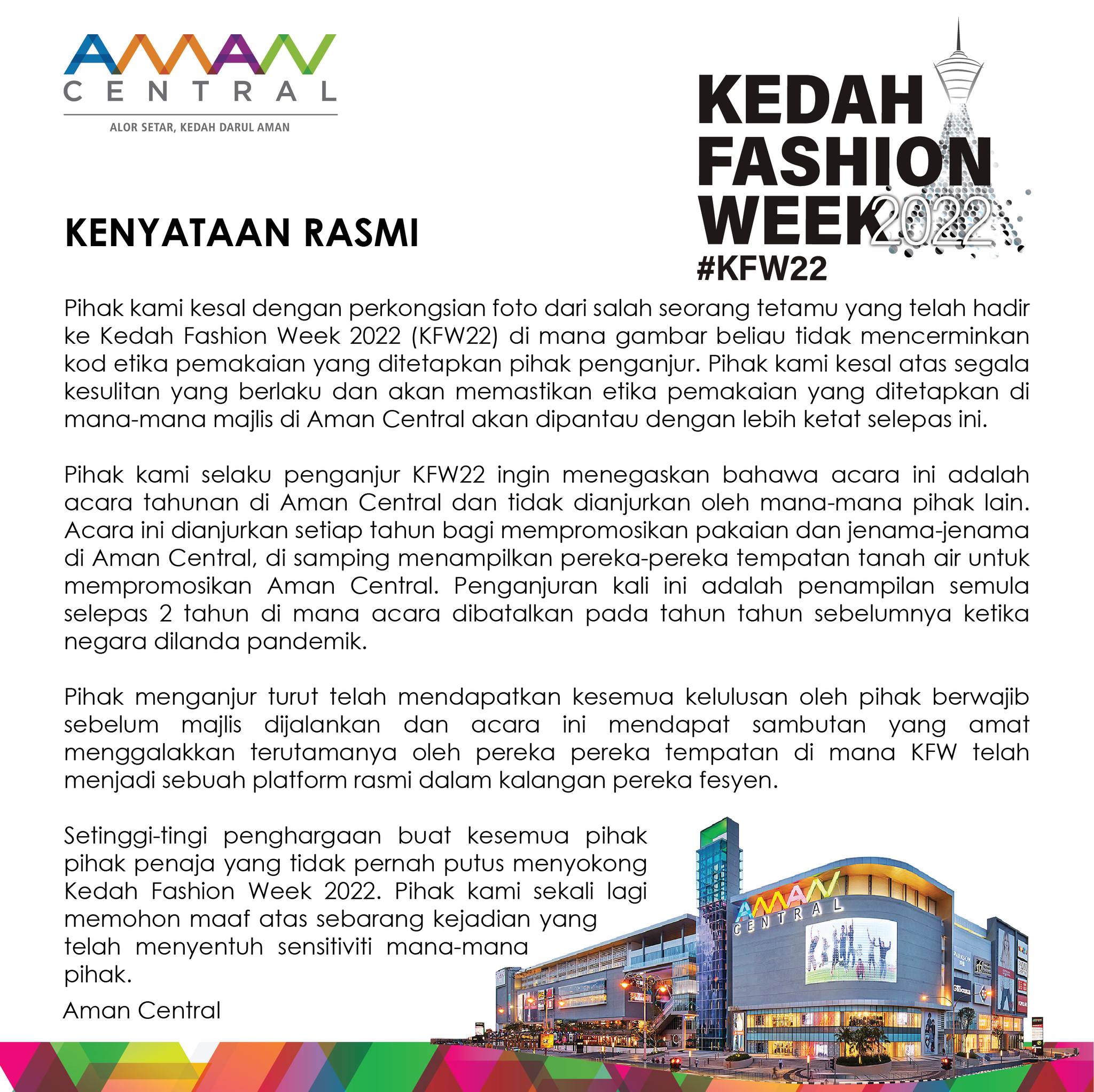 日前于吉打Aman Central广场举办的2022年吉打时装周(KFW22),因为一名出席者的衣着暴露引起争议。