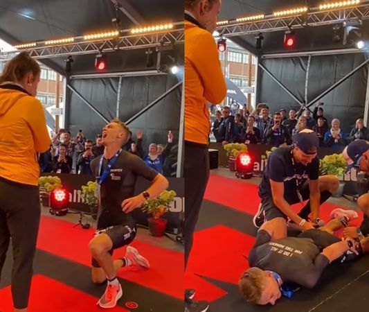 视频/跑完铁人三项下跪求婚 选手脸扭曲抽筋趴地