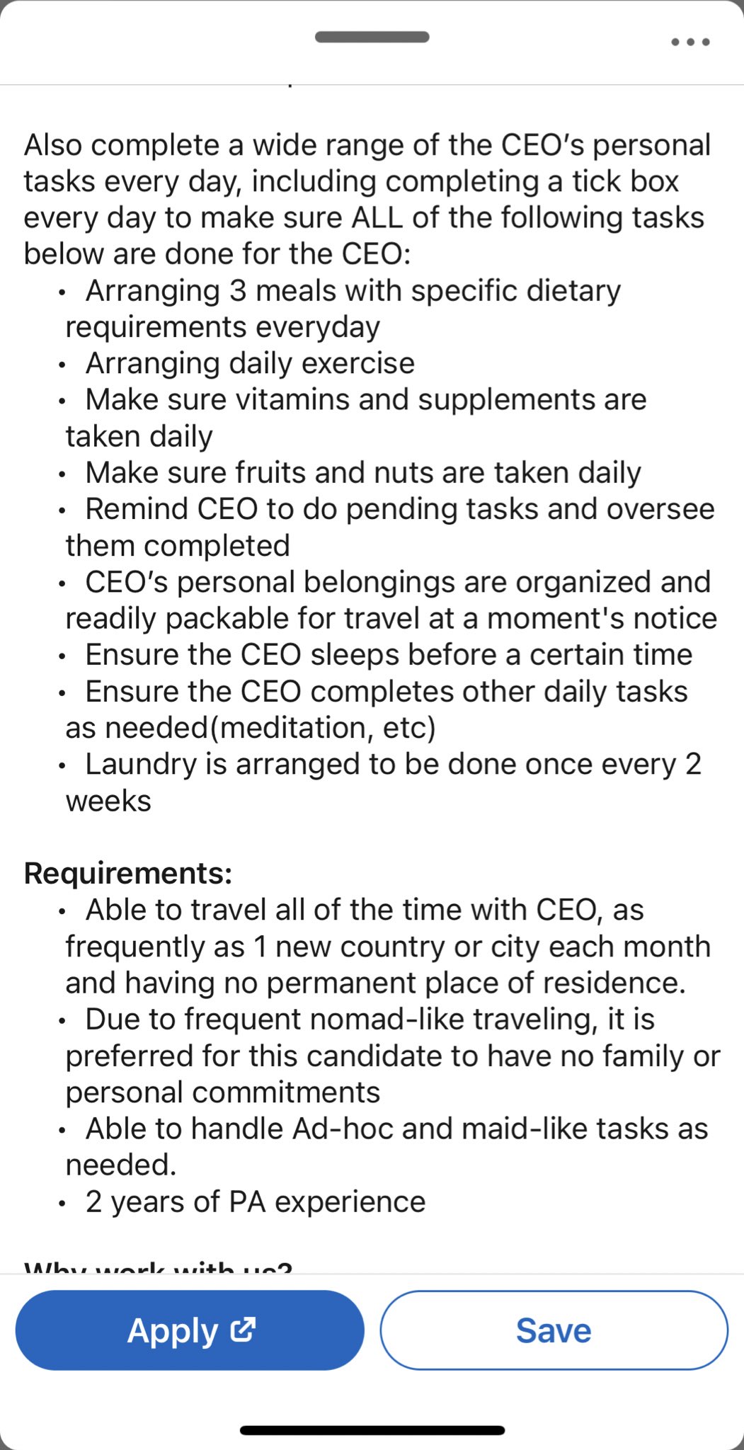 CEO招聘私人助理条件多 包顾他三餐营养品、睡觉定时　