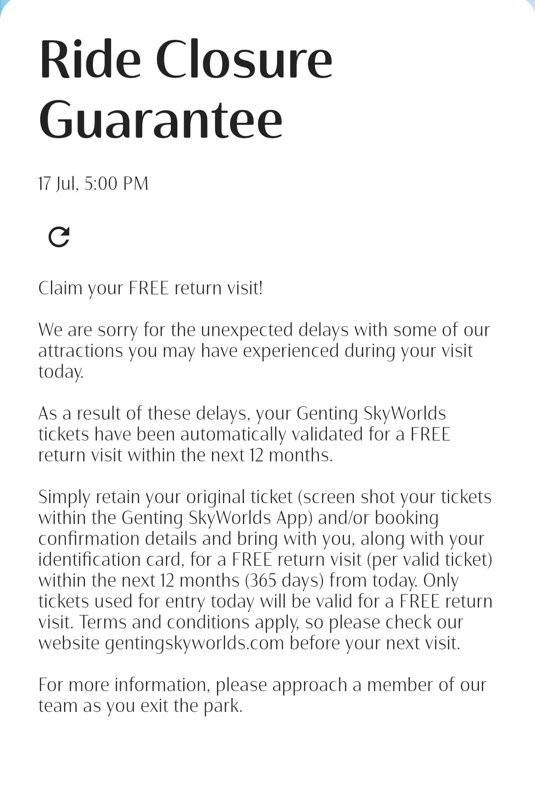 女子投诉12游乐设施不能玩·网民分享：云顶回复可换免费门票