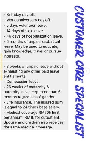  跨国公司客服专员福利超好！大马男子：生日假、义工假、工作周年假等等