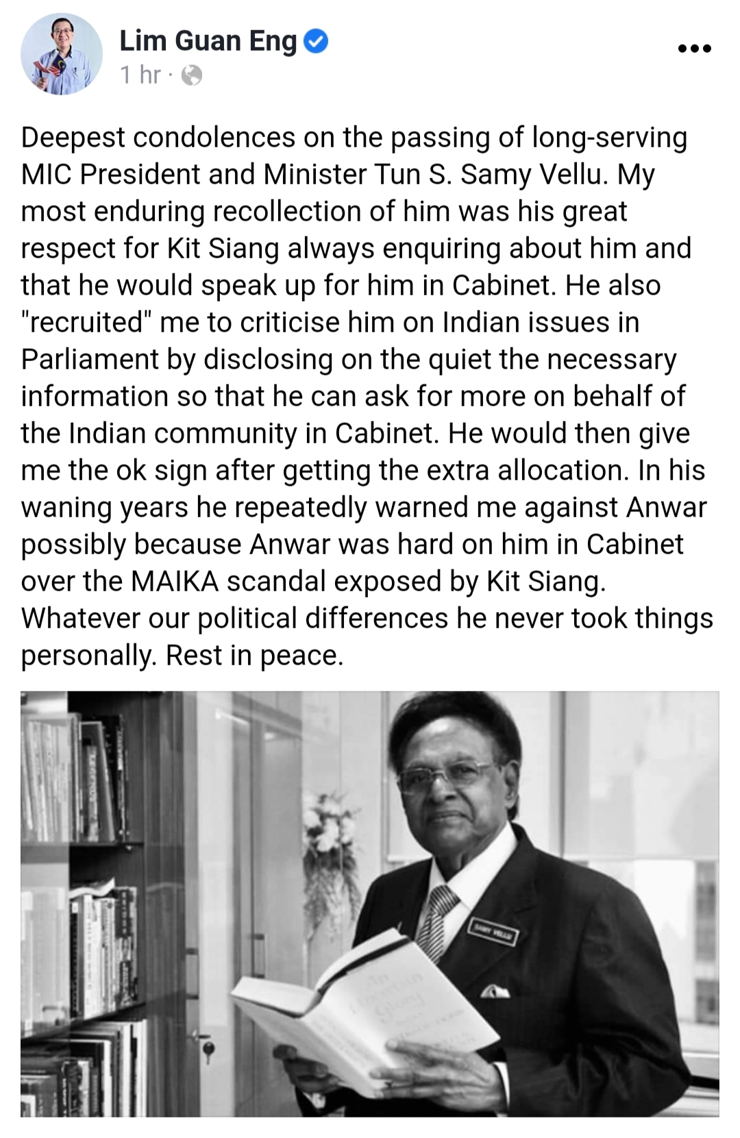 (全国版)三美威鲁逝世 林冠英贴文致哀