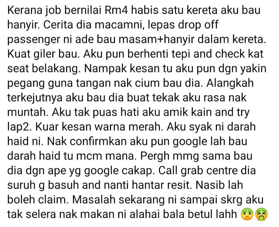 女乘客来月事弄脏座位·司机后悔为赚RM4车有经血腥味