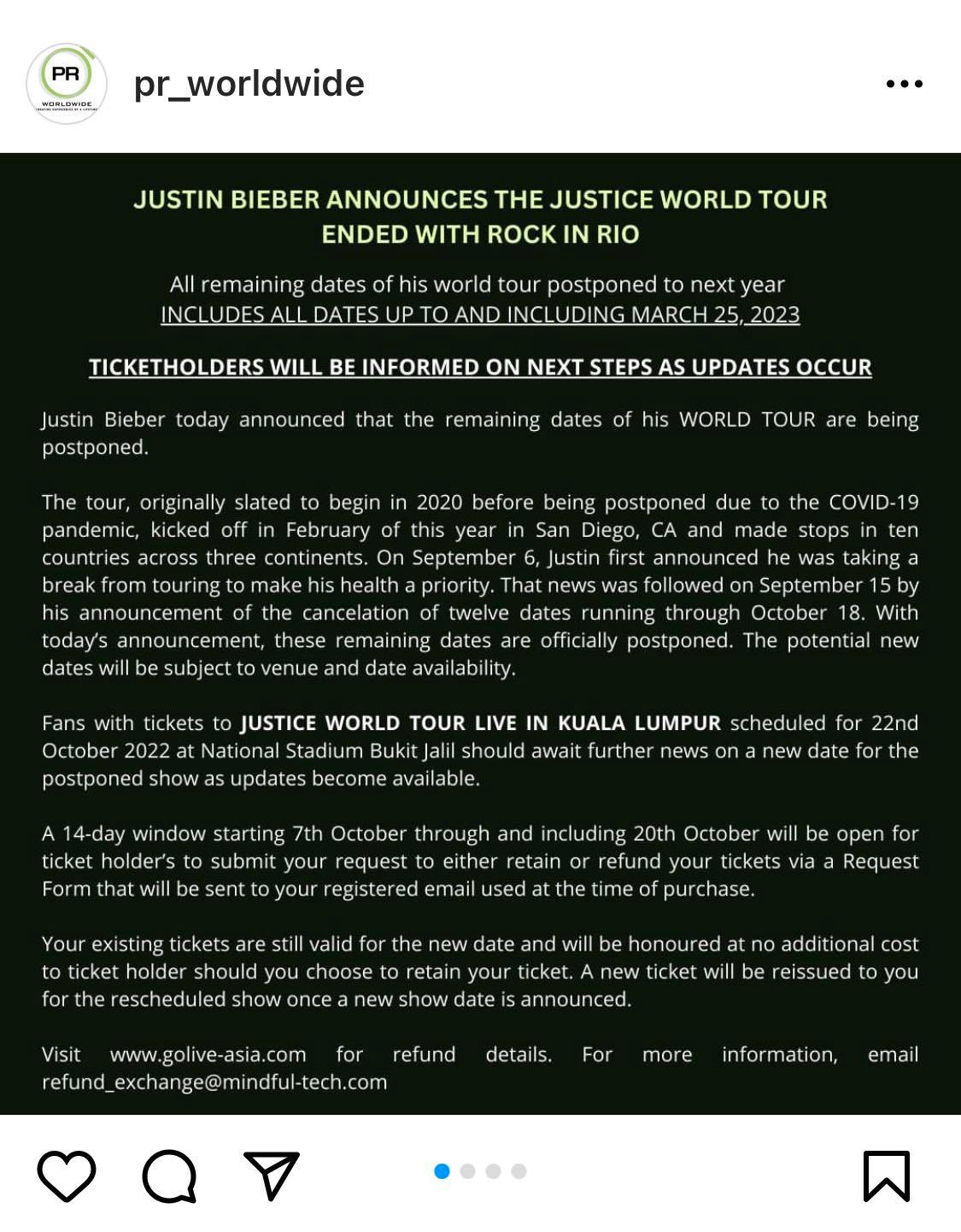 小贾斯汀大马开唱前2周喊卡 巡演延至明年举行