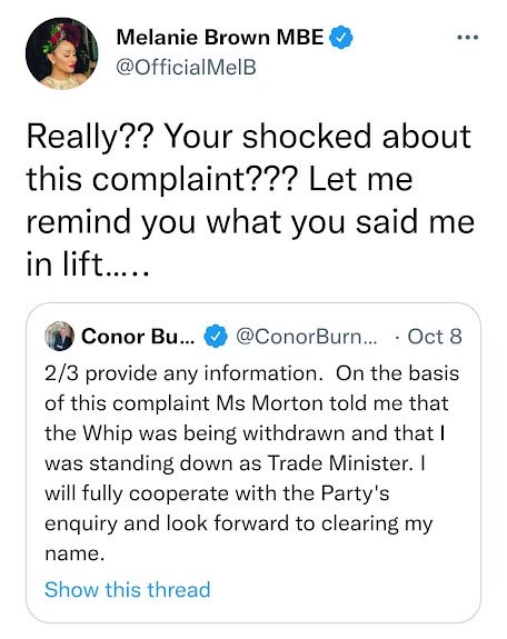 梅尔碧炮轰前英国贸易部长 疑遭言语性骚扰