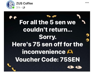 给75仙折扣券赔罪遭网批不专业 Zus Coffee道歉认做法不得体